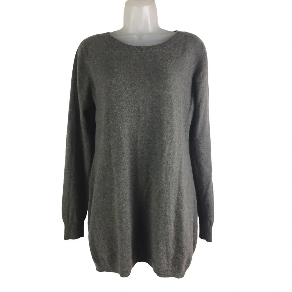 Ply Cashmere Women’s XL Crew Neck Gray Tunic Sweater Black Stripe on Back